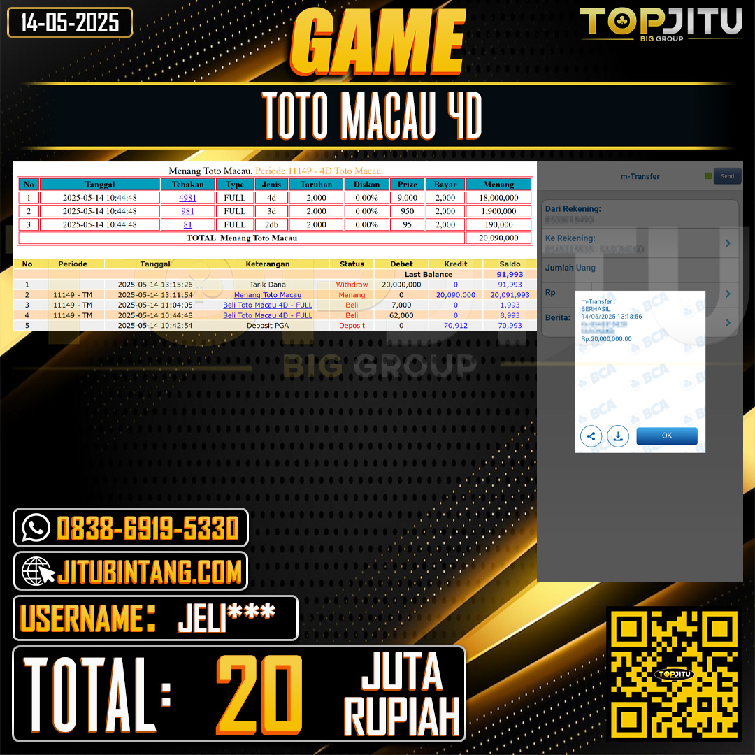 TOPJITU JACKPOT TOGEL PASARAN TOTO MACAU 4D Rp.20.000.000 ,-LUNAS USER ID:JELI***