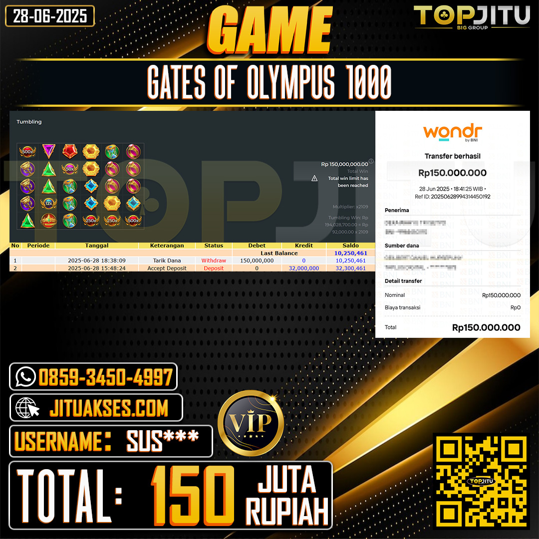   TOPJITU JACKPOT SLOT GATES OF OLYMPUS 1000 Rp.150.  000.000 ,- LUNAS USER ID: SUS***
