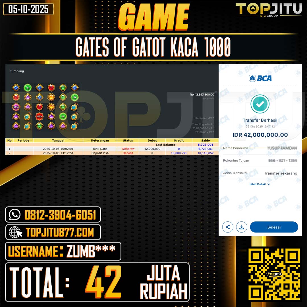         TOPJITU JACKPOT SLOT GATES OF GATOT KACA 1000  Rp.42.000.000 ,- LUNAS USER ID: ZUMB****
