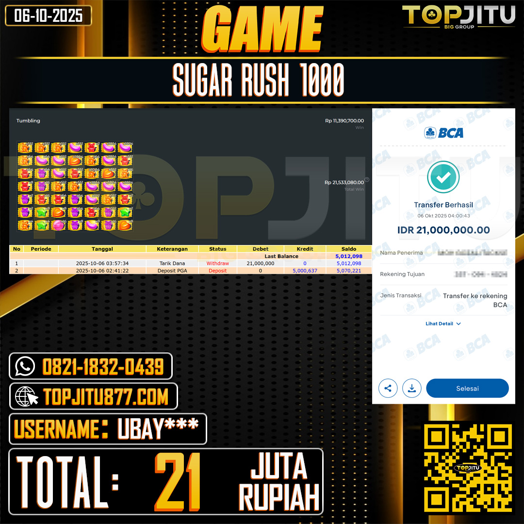         TOPJITU JACKPOT SLOT  SUGAR RUSH 1000 Rp.21.000.000 ,- LUNAS USER ID: UBAY****