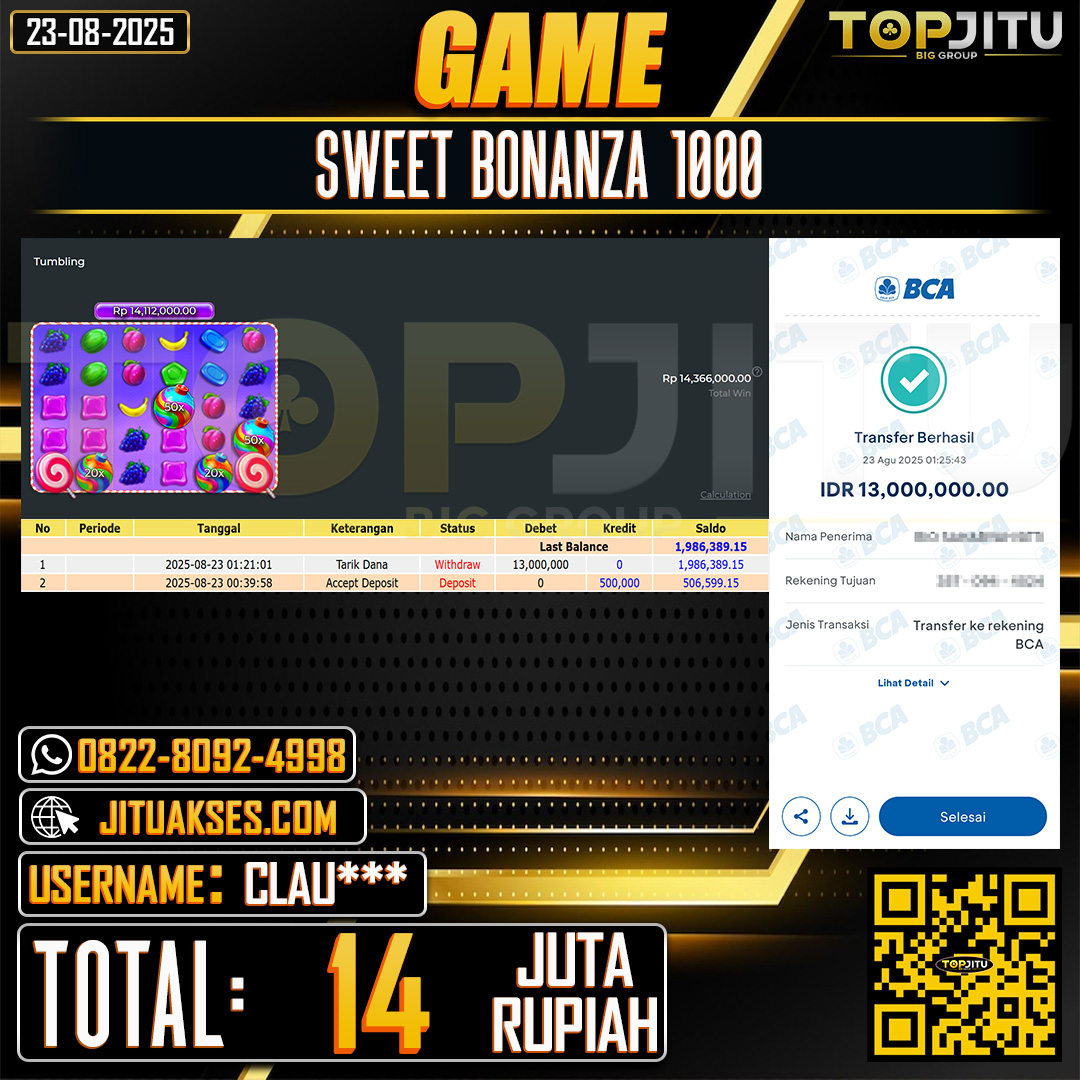 TOPJITU JACKPOT SLOT SWEET BONANZA 1000 Rp.14.000.000 ,- LUNAS USER ID: CLAU***