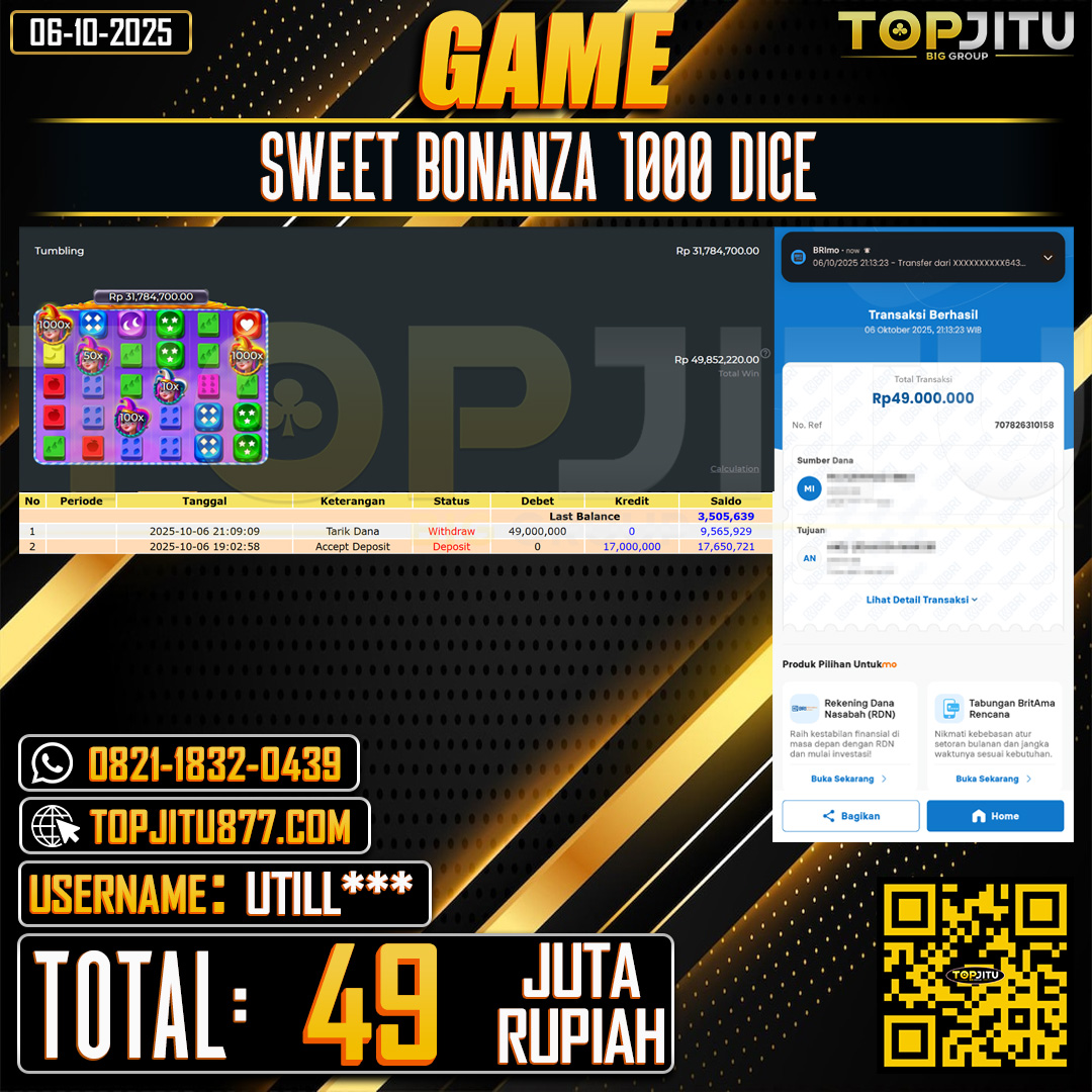         TOPJITU JACKPOT SLOT  SWEET BONANZA 1000 DICE Rp.49.000.000 ,- LUNAS USER ID: UTILL****
