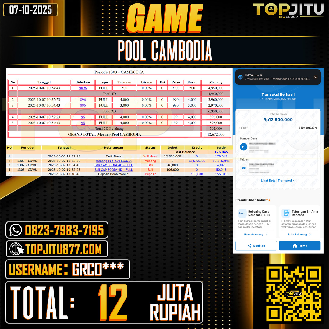  TOPJITU JACKPOT TOGEL PASARAN CAMBODIA  Rp.12.000.000 ,- LUNAS USER ID: GRCO****