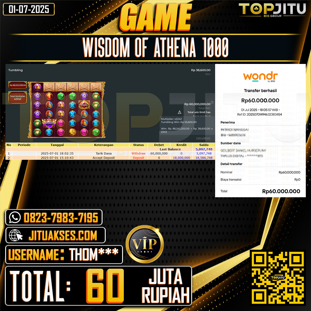   TOPJITU JACKPOT SLOT WISDOM OF ATHENA 1000 Rp.60.000.000 ,- LUNAS USER ID: THOM***