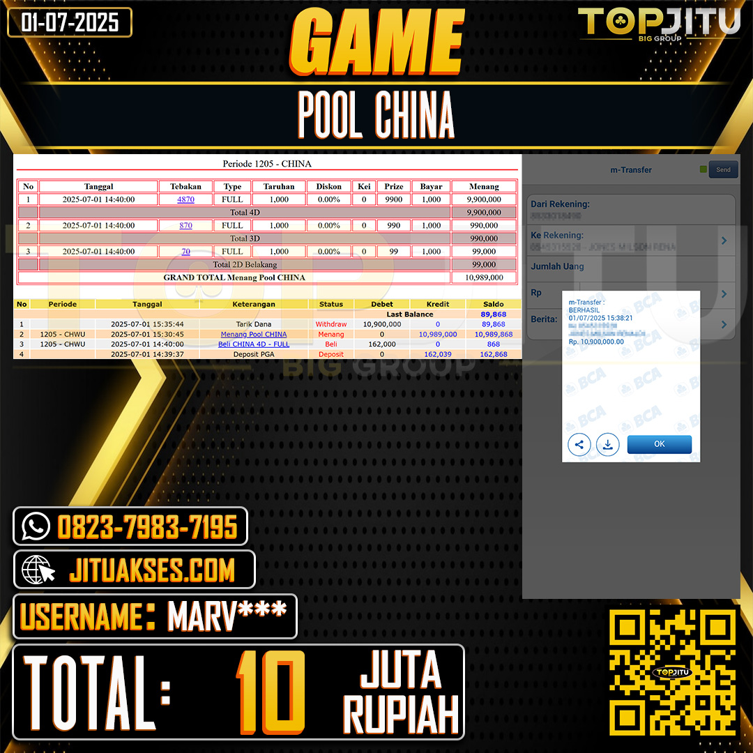   TOPJITU JACKPOT TOGEL PASARAN CHINA Rp.10.000.000 ,- LUNAS USER ID: MARV***