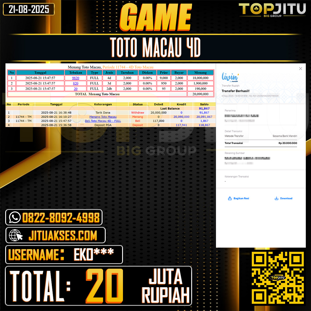 TOPJITU JACKPOT TOGEL PASARAN TOTO MACAU 4D Rp.20.000.000 ,- LUNAS USER ID: EKO***