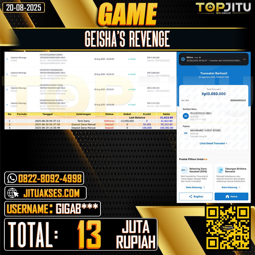 TOPJITU JACKPOT SLOT GEISHA'S REVENGE Rp.13.000.000 ,- LUNAS USER ID: GIGAB***