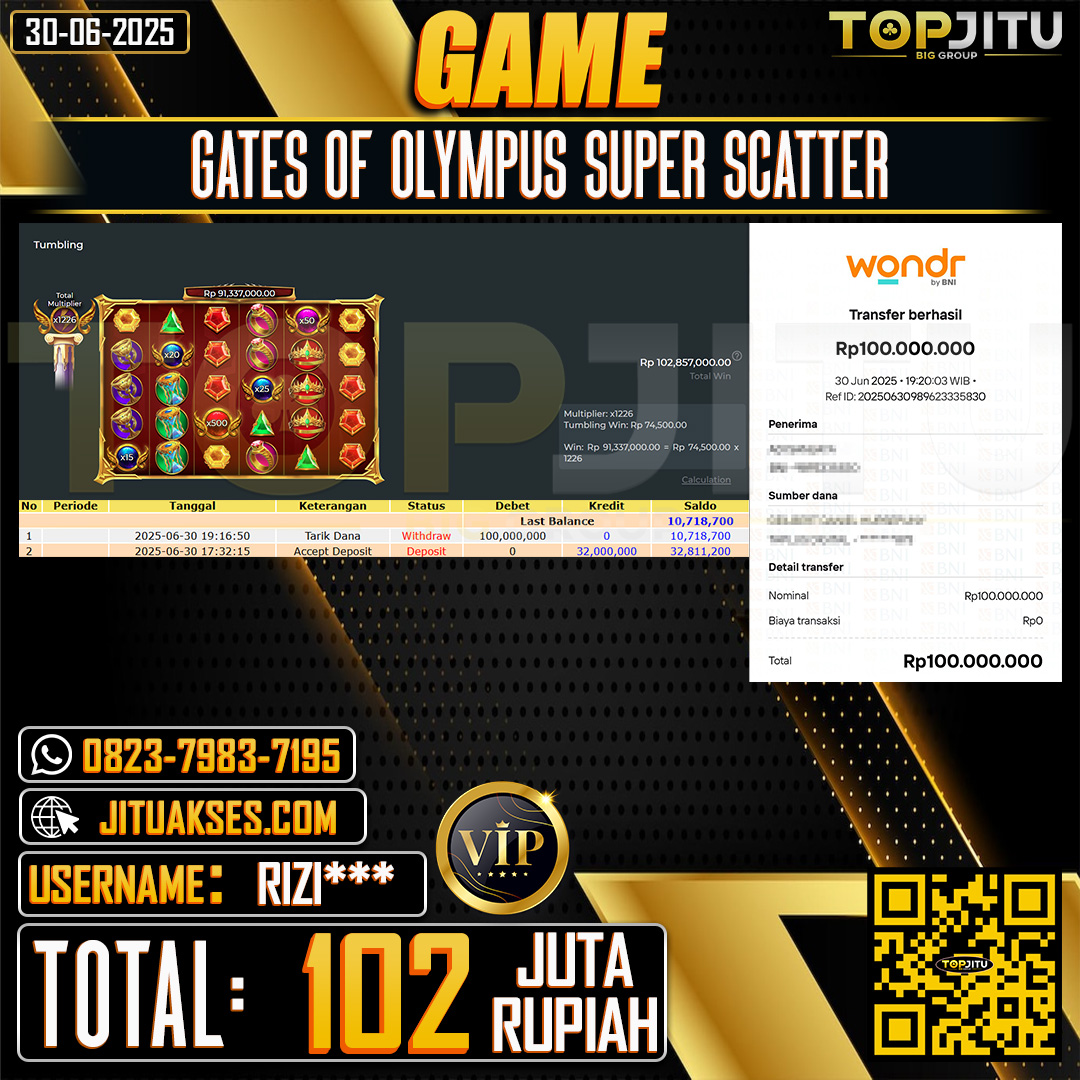   TOPJITU JACKPOT SLOT GATES OF OLYMPUS SUPER SCATTER Rp.102.000.000 ,- LUNAS USER ID: RIZI***