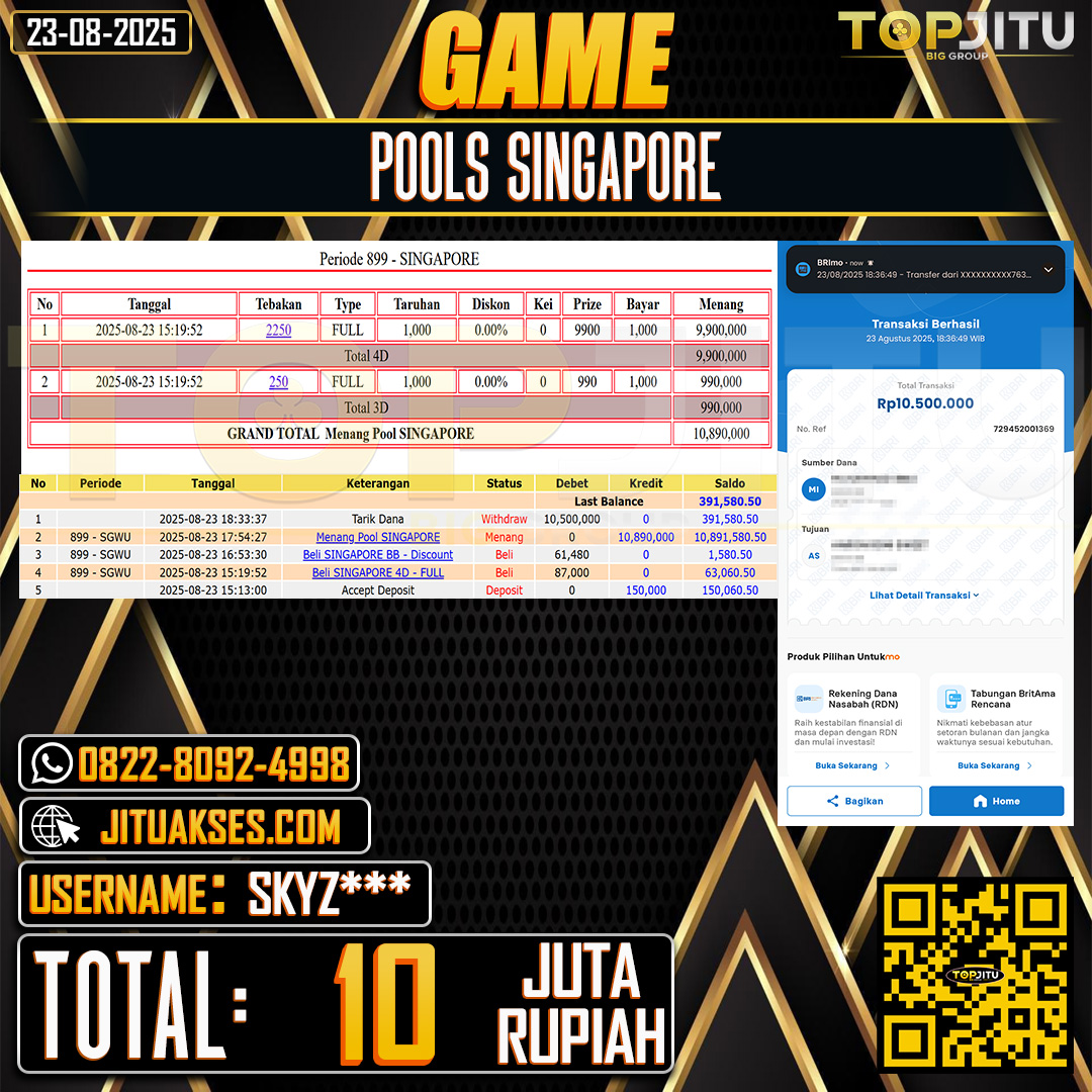 TOPJITU JACKPOT TOGEL PASARAN SINGAPORE Rp.10.000.000 ,- LUNAS USER ID: SKYZ***