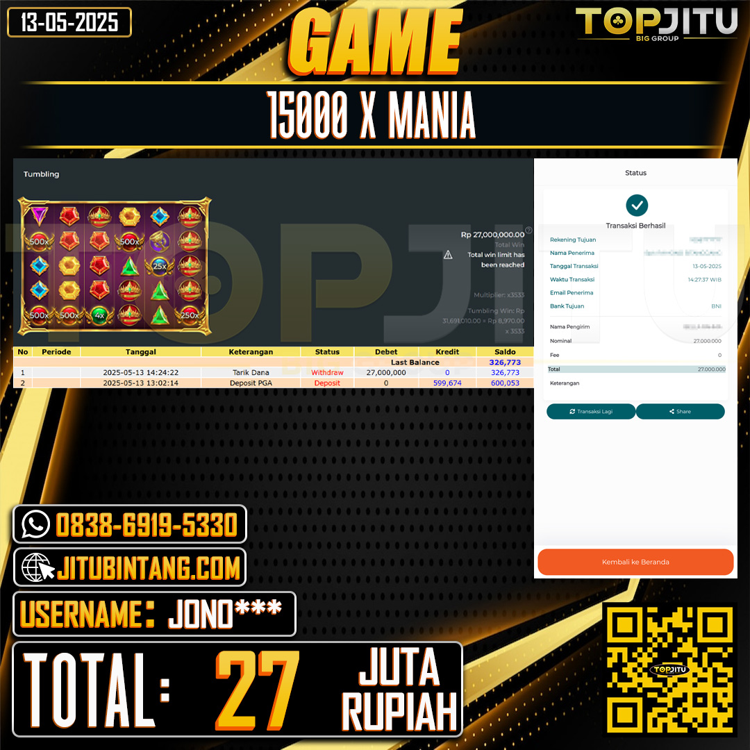 TOPJITU JACKPOT SLOT 15000X MANIA Rp.27.000.000 ,-LUNAS USER ID:JONO***