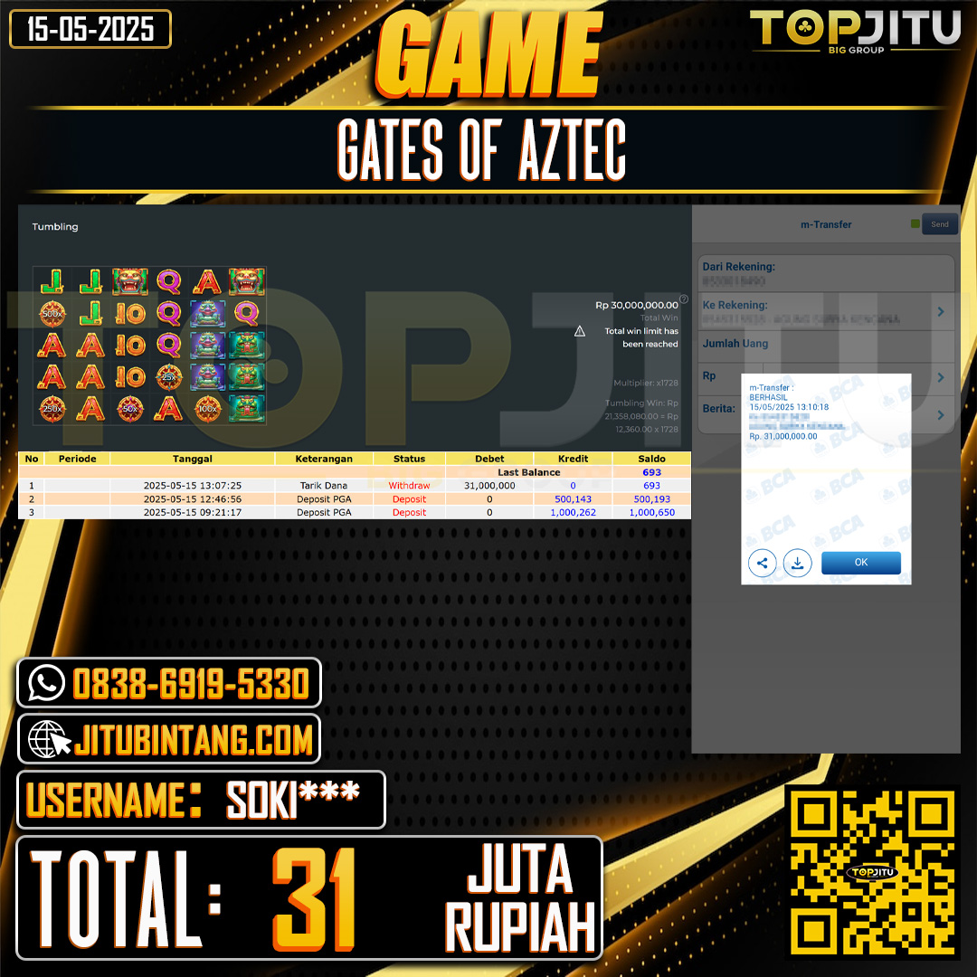 TOPJITU JACKPOT SLOT GATES OF AZTEC Rp.31.000.000 ,-LUNAS USER ID:SOKI***