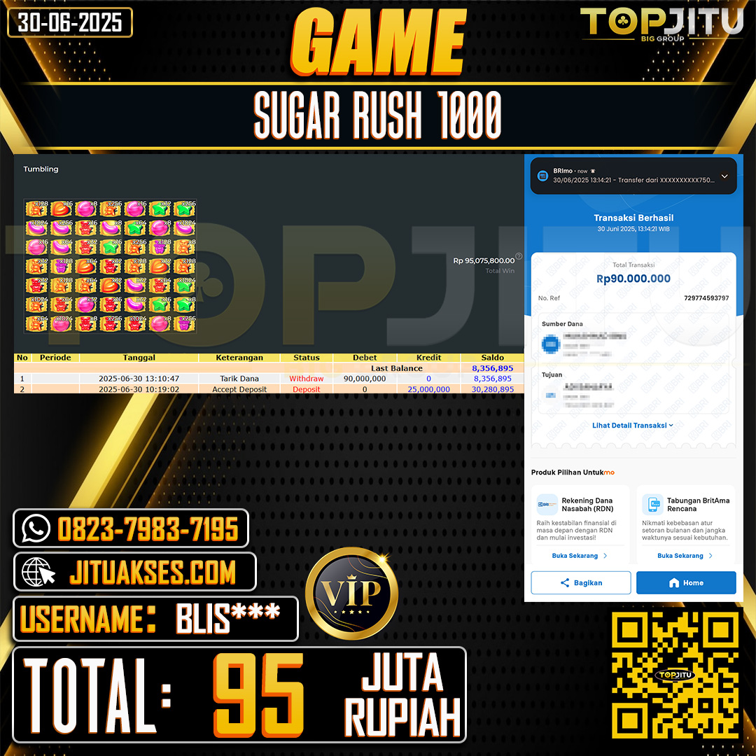   TOPJITU JACKPOT SLOT SUGAR RUSH 1000 Rp.95.000.000 ,- LUNAS USER ID: BLIS***