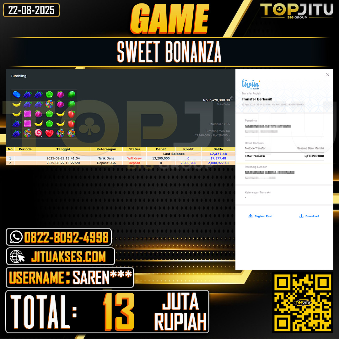 TOPJITU JACKPOT SLOT SWEET BONANZA Rp.13.000.000 ,- LUNAS USER ID: SAREN***