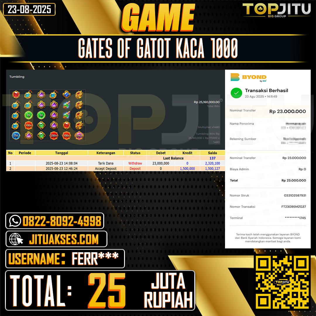 TOPJITU JACKPOT SLOT GATES OF GATOT KACA 1000 Rp.25.000.000 ,- LUNAS USER ID: FERR***