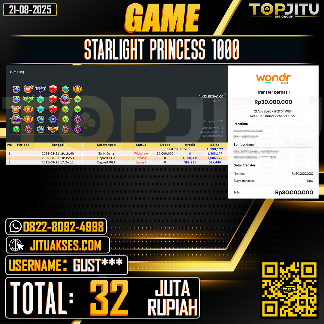 TOPJITU JACKPOT SLOT STARLIGHT PRINCESS 1000 Rp.32.000.000 ,- LUNAS USER ID: GUST***