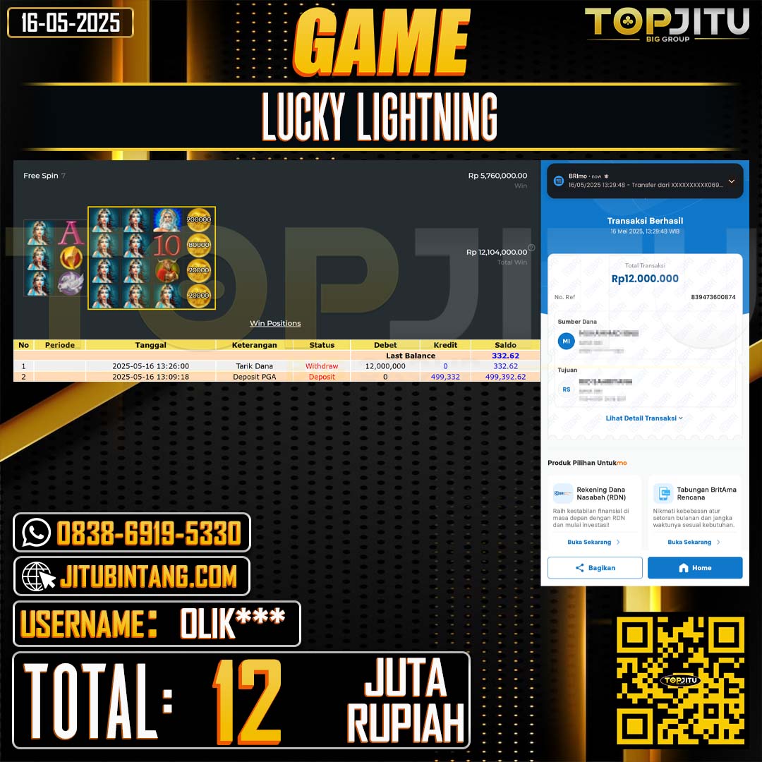 TOPJITU JACKPOT SLOT LUCKY LIGHTNING Rp.12.000.000 ,-LUNAS USER ID:OLIK***
