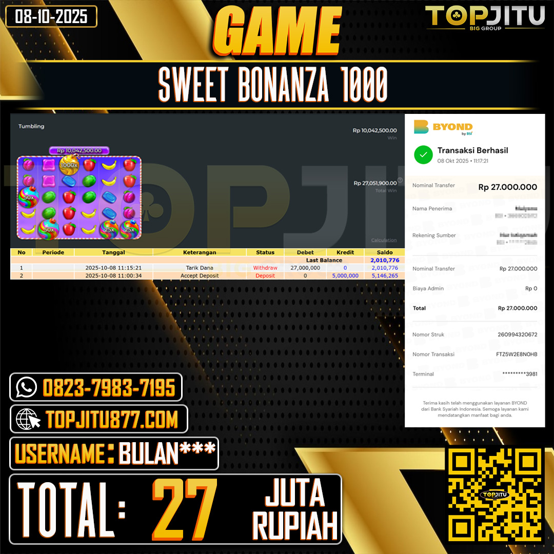          TOPJITU JACKPOT SLOT SWEET BONANZA 1000  Rp.27.000.000 ,- LUNAS USER ID: BULAN***