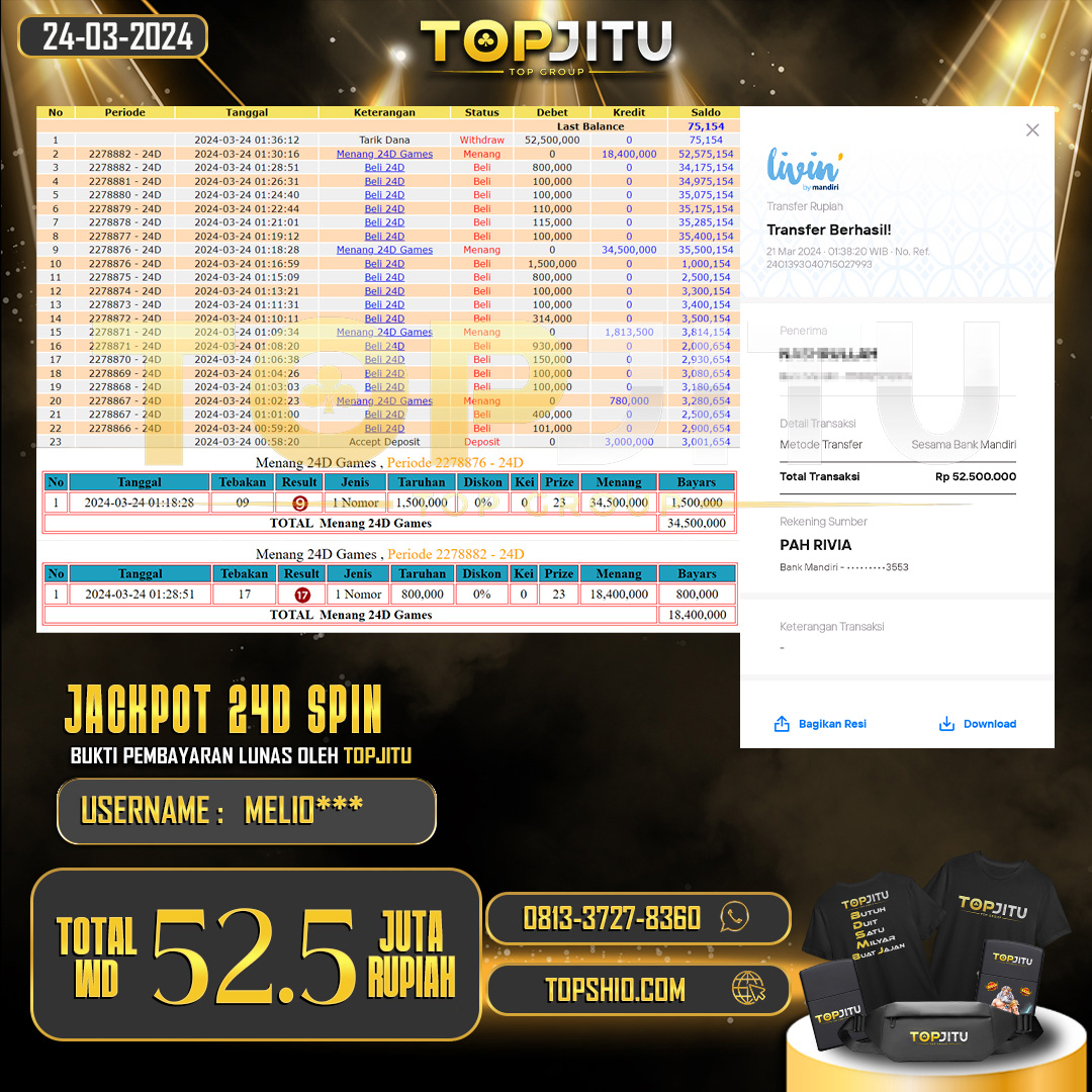 TOPJITU JACKPOT LIVE GAME 24D SPIN RP.52.500.000,- LUNAS