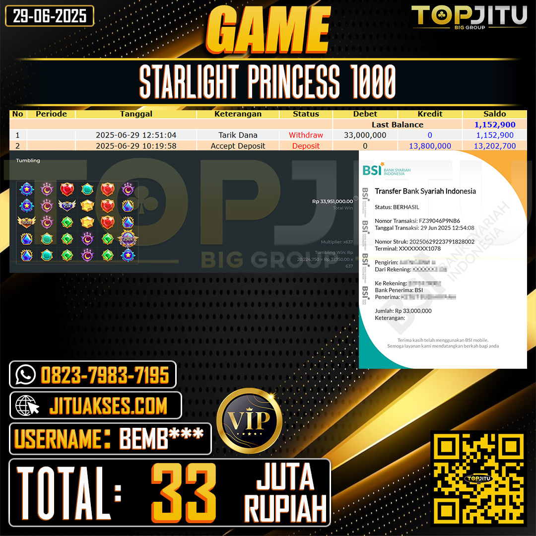   TOPJITU JACKPOT SLOT STARLIGHT PRINCESS 1000 Rp.33.000.000 ,- LUNAS USER ID: BEMB***