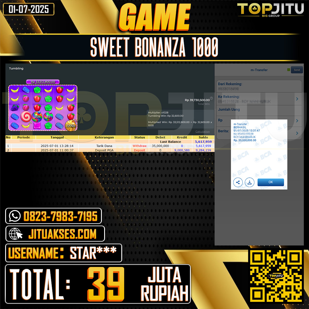   TOPJITU JACKPOT SLOT SWEET BONANZA 1000 Rp.39.000.000 ,- LUNAS USER ID: STAR***