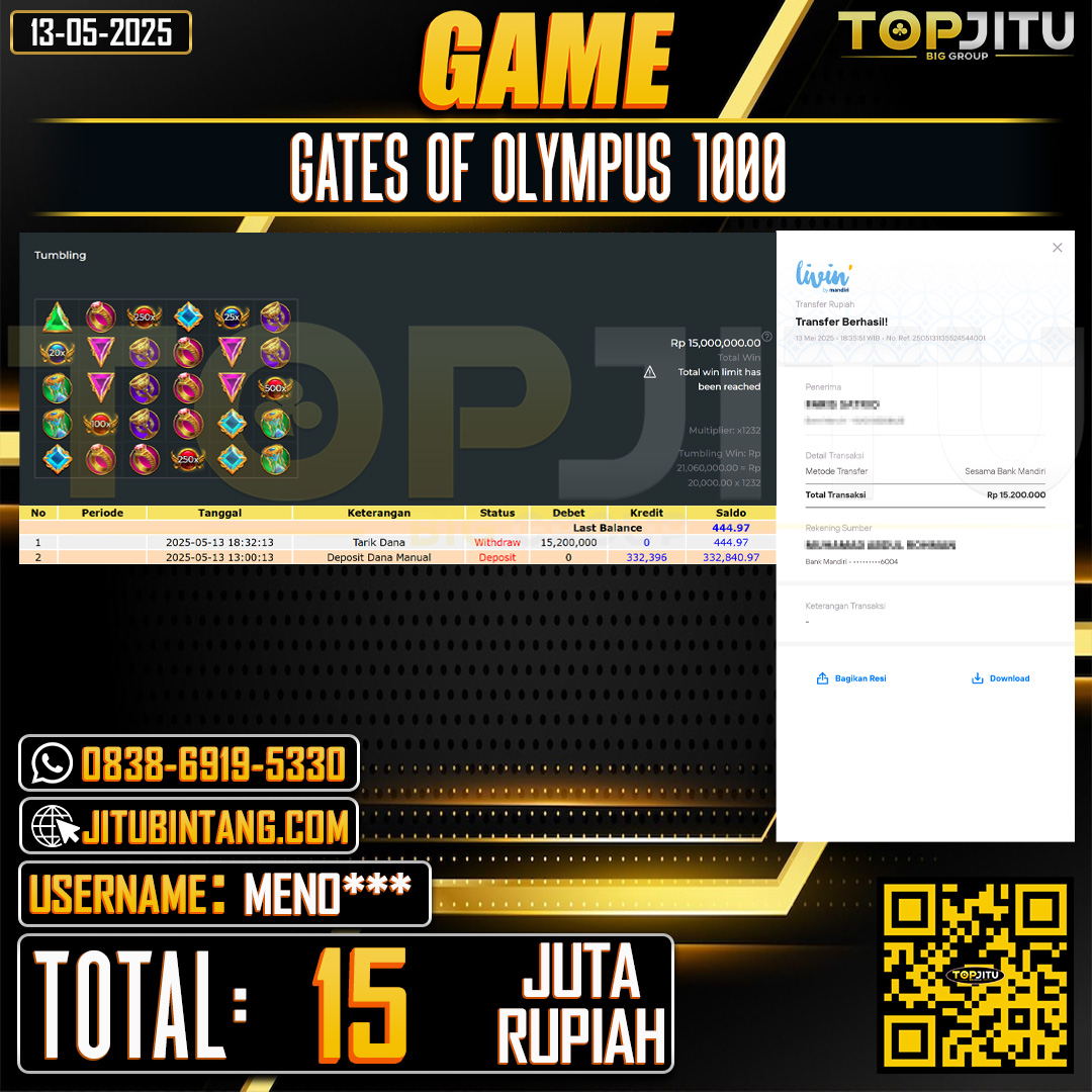 TOPJITU JACKPOT SLOT GATES OF OLYMPUS 1000 Rp.15.000.000 ,-LUNAS USER ID:MENO***