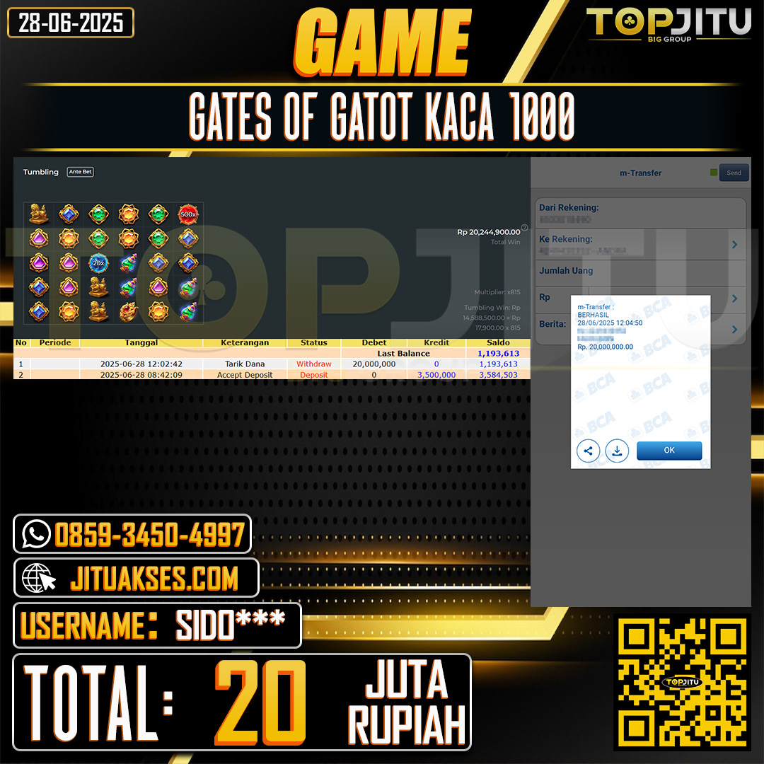   TOPJITU JACKPOT SLOT GATES OF GATOT KACA 1000 Rp.20.000.000 ,- LUNAS USER ID: SIDO***