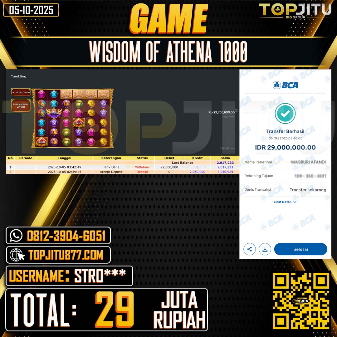        TOPJITU JACKPOT SLOT WISDOM OF ATHENA 1000 Rp.29.000.000 ,- LUNAS USER ID: STRO****