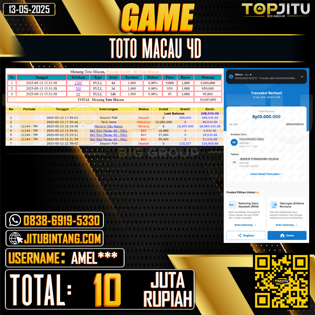 TOPJITU JACKPOT TOGEL PASARAN TOTO MACAU 4D Rp.10.000.000 ,-LUNAS USER ID:AMEL***