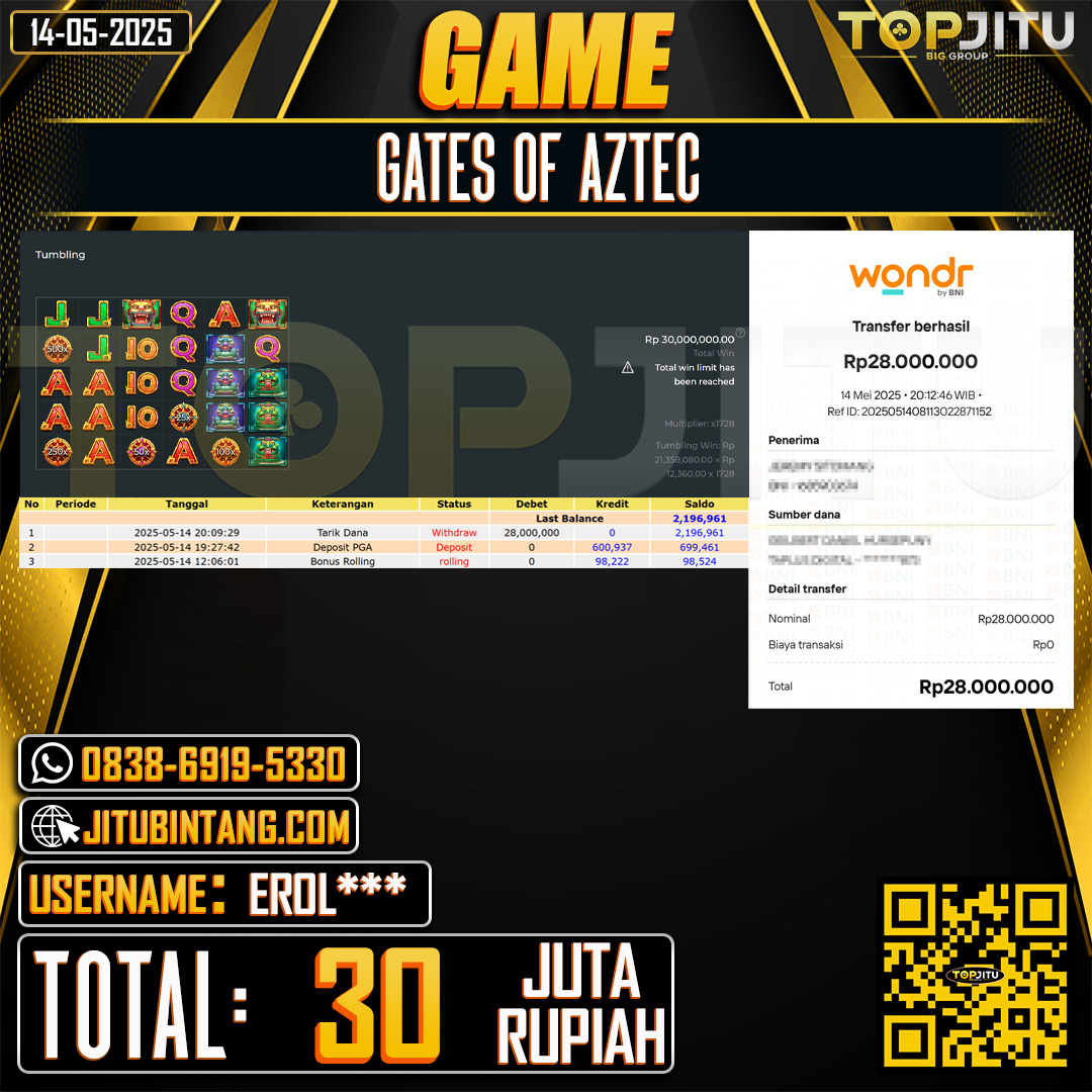 TOPJITU JACKPOT SLOT GATES OF AZTEC Rp.30.000.000 ,-LUNAS USER ID:EROL***