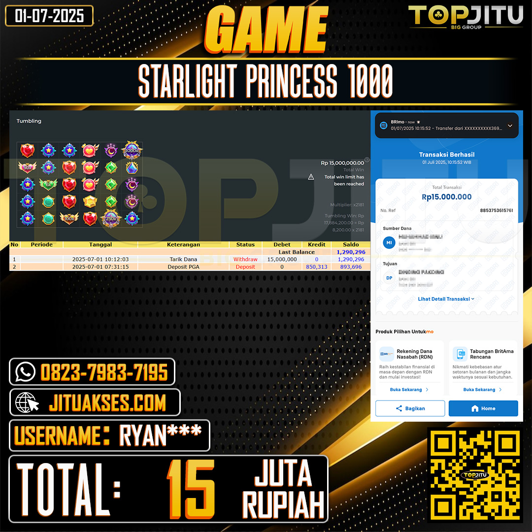   TOPJITU JACKPOT SLOT STARLIGHT PRINCESS 1000 Rp.15.000.000 ,- LUNAS USER ID: RYAN***