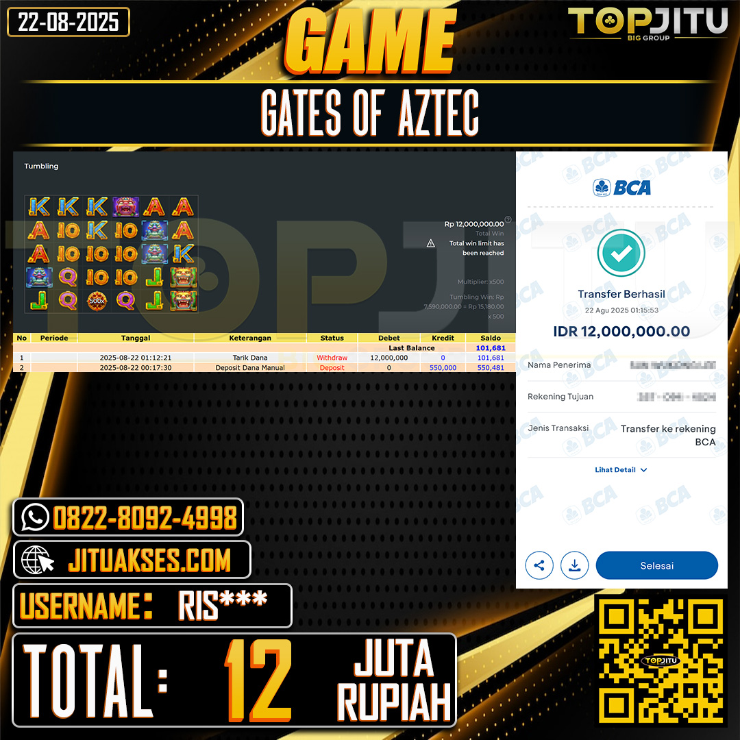 TOPJITU JACKPOT SLOT GATES OF AZTEC Rp.12.000.000 ,- LUNAS USER ID: RIS***