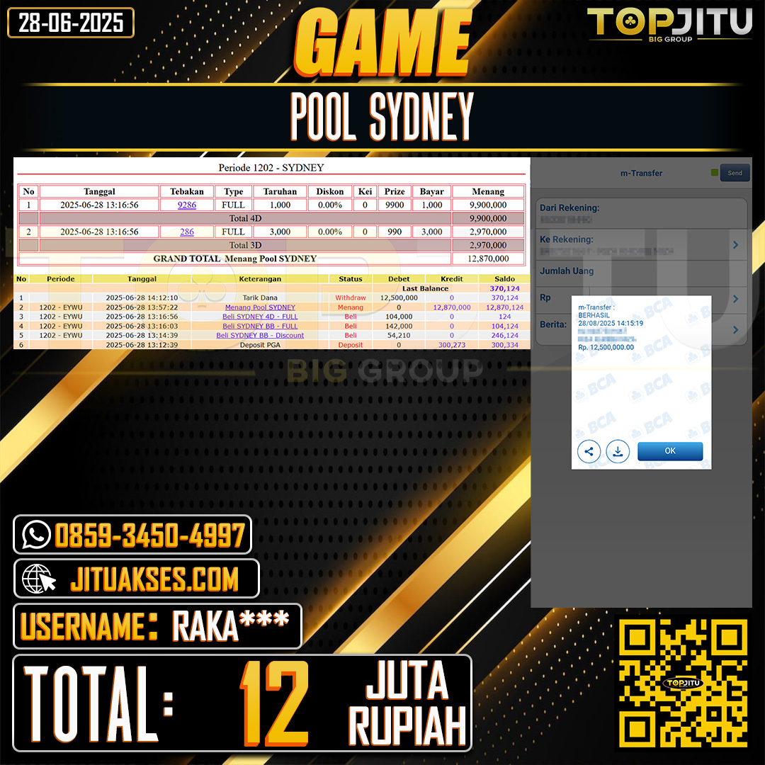   TOPJITU JACKPOT TOGEL PASARAN SYDNEY Rp.12.000.000 ,- LUNAS USER ID: RAKA***