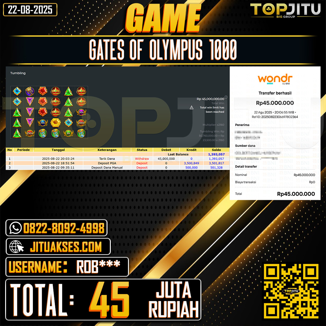 TOPJITU JACKPOT SLOT GATES OF OLYMPUS 1000 Rp.45.000.000 ,- LUNAS USER ID: ROB***