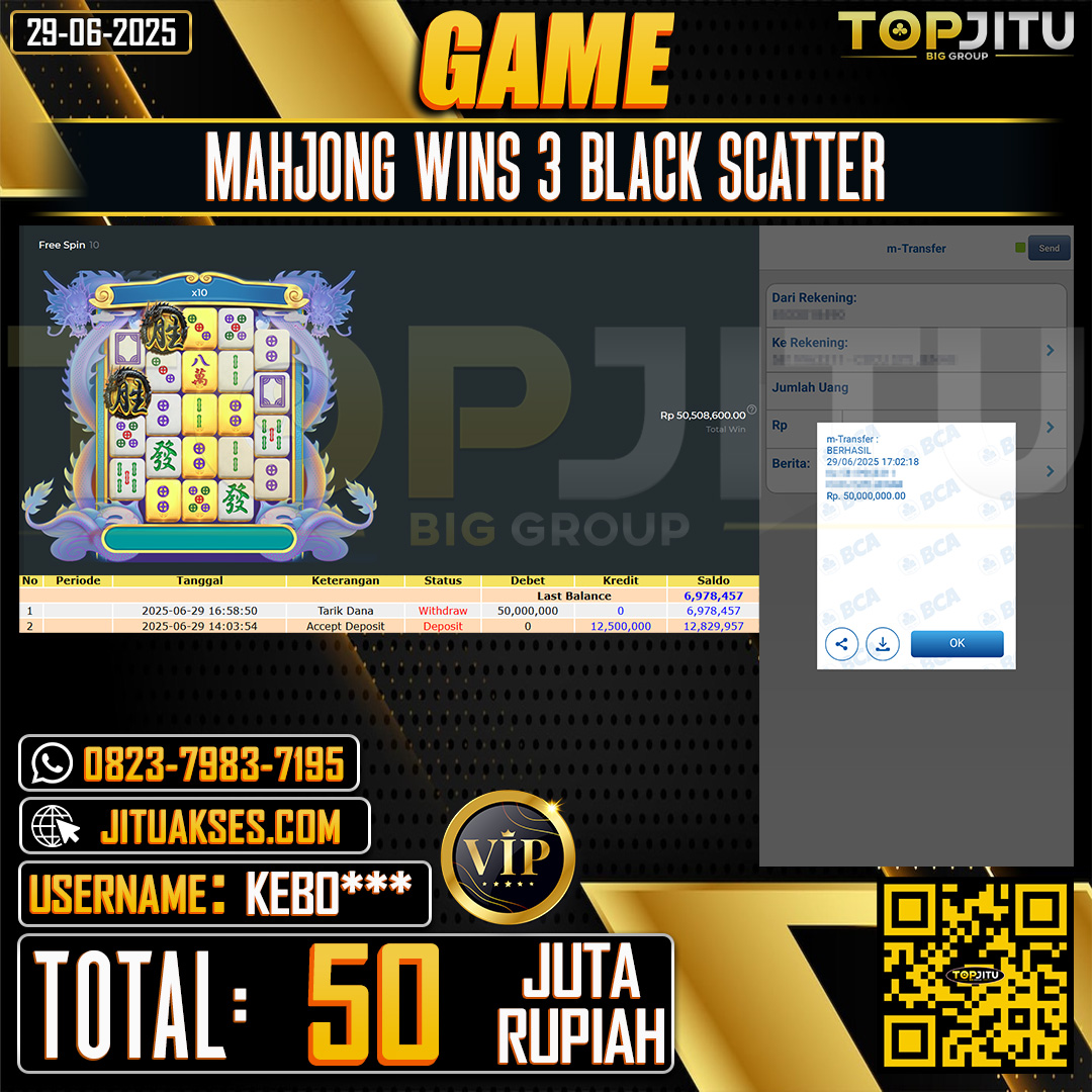   TOPJITU JACKPOT SLOT MAHJONG WINS 3 BLACK SCATTER Rp.50.000.000 ,- LUNAS USER ID: KEBO***