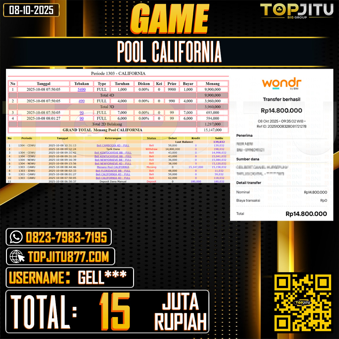          TOPJITU JACKPOT TOGEL PASARAN CAMBODIA  Rp.15.000.000 ,- LUNAS USER ID: GELL***