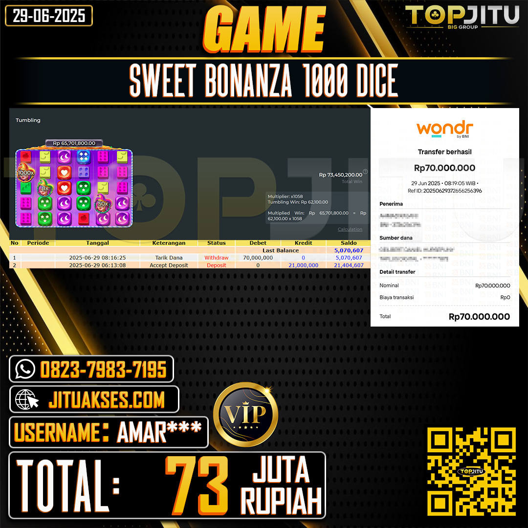   TOPJITU JACKPOT SLOT SWEET BONANZA 1000 DICE Rp.73.000.000 ,- LUNAS USER ID: AMAR***