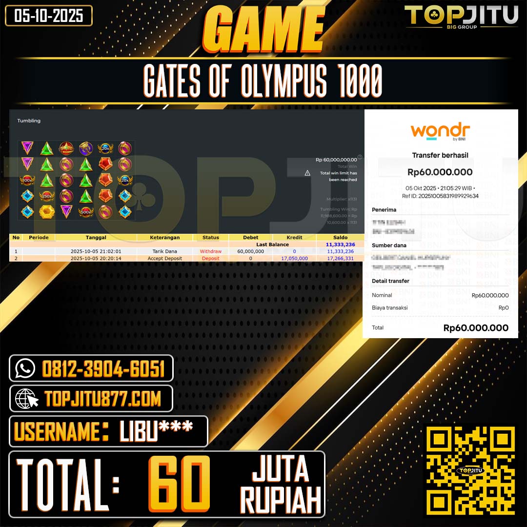        TOPJITU JACKPOT SLOT GATES OF OLYMPUS  1000 Rp.60.000.000 ,- LUNAS USER ID: LIBU****