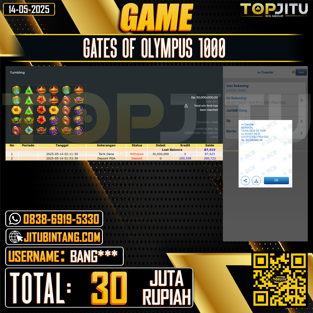 TOPJITU JACKPOT SLOT GATES OF OLYMPUS 1000 Rp.30.000.000 ,-LUNAS USER ID:BANG***