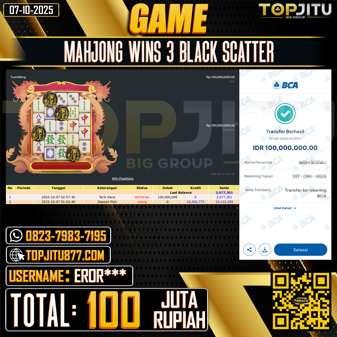          TOPJITU JACKPOT SLOT MAHJONG WINS 3 BLACK SCATTER  Rp.100.000.000 ,- LUNAS USER ID: EROR***