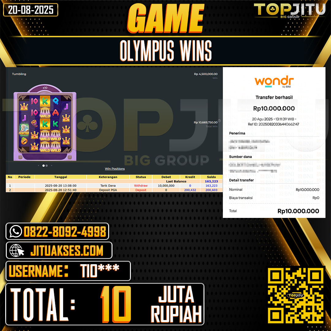 TOPJITU JACKPOT SLOT OLYMPUS WINS Rp.10.000.000 ,- LUNAS USER ID: TIO***