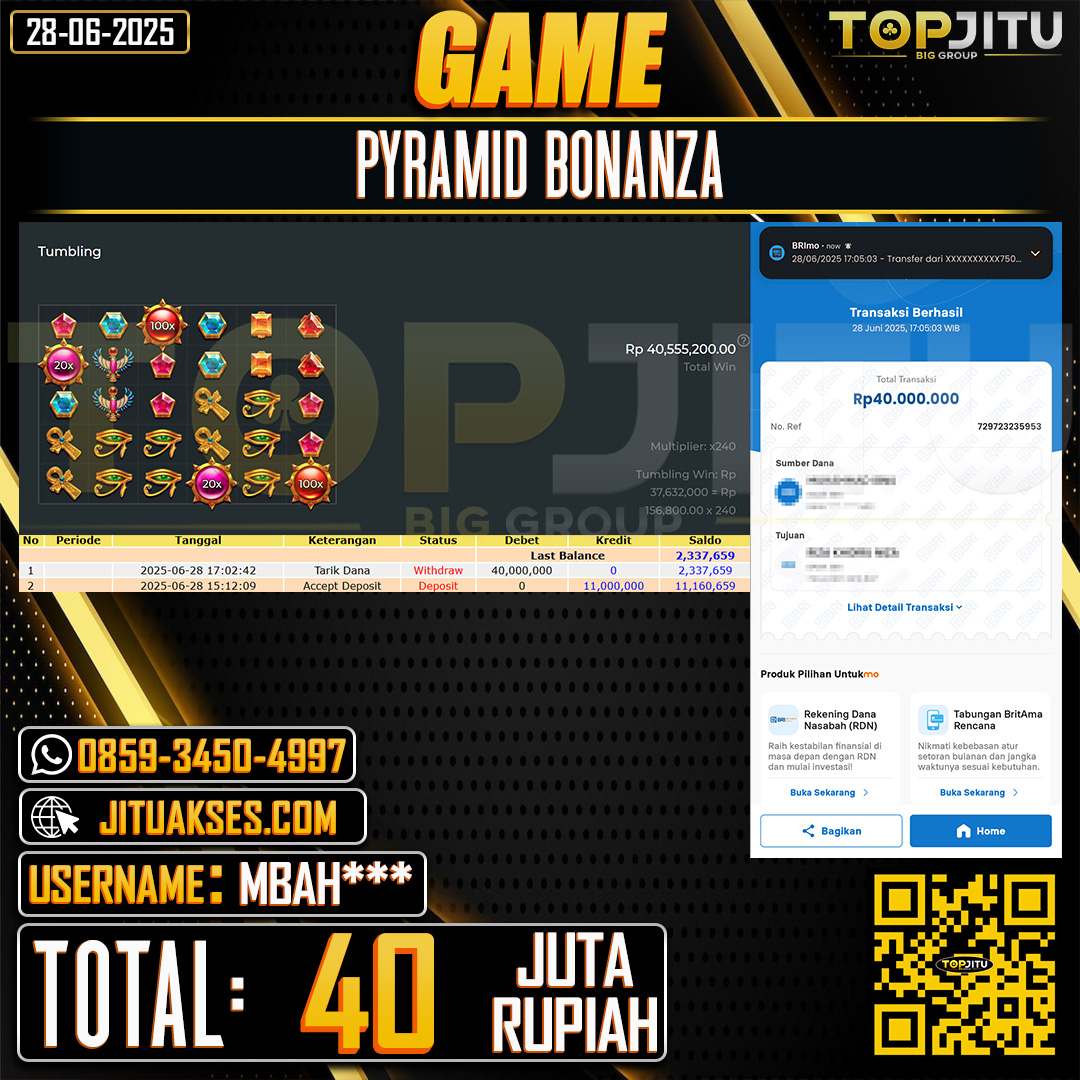   TOPJITU JACKPOT SLOT PYRAMID BONANZA Rp.40.000.000 ,- LUNAS USER ID: MBAH***