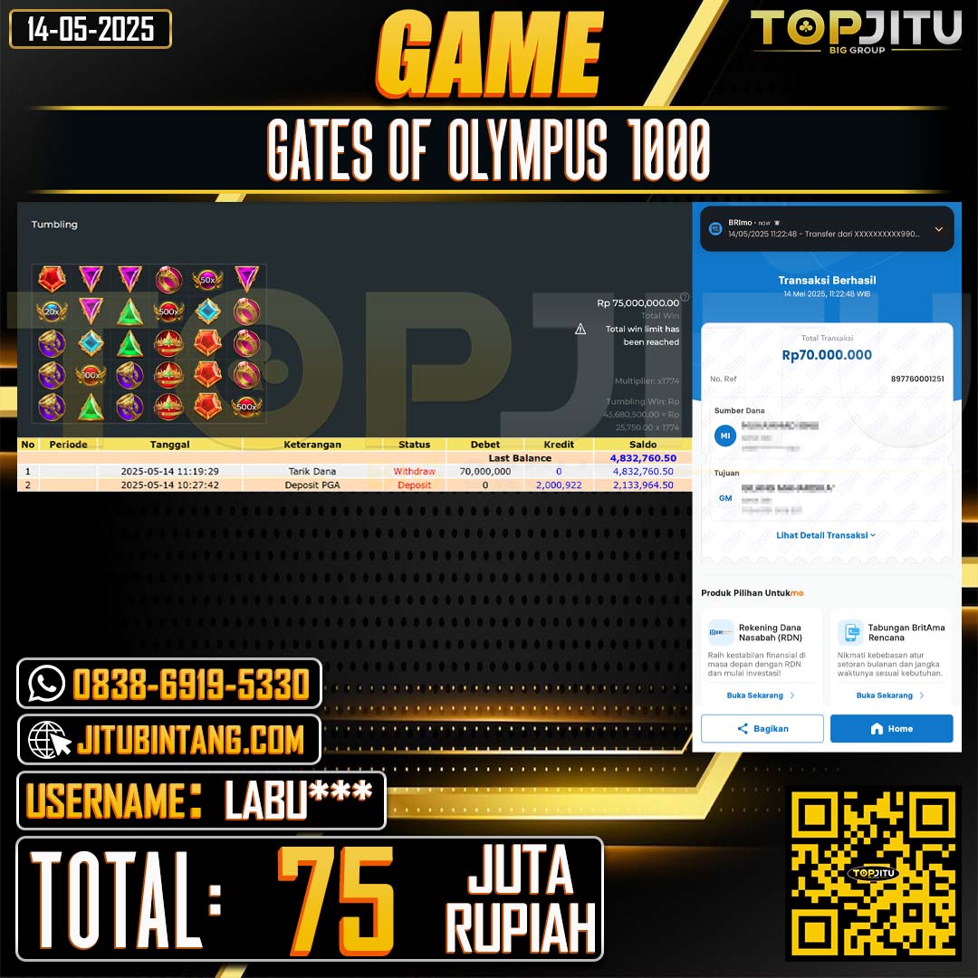TOPJITU JACKPOT SLOT GATES OF OLYMPUS 1000 Rp.75.000.000 ,-LUNAS USER ID:LABU***