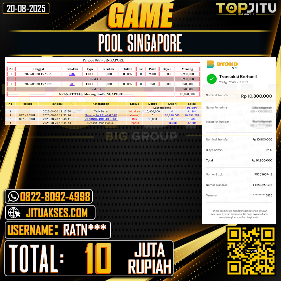TOPJITU JACKPOT TOGEL PASARAN SINGAPORE Rp.10.000.000 ,- LUNAS USER ID: RATN***