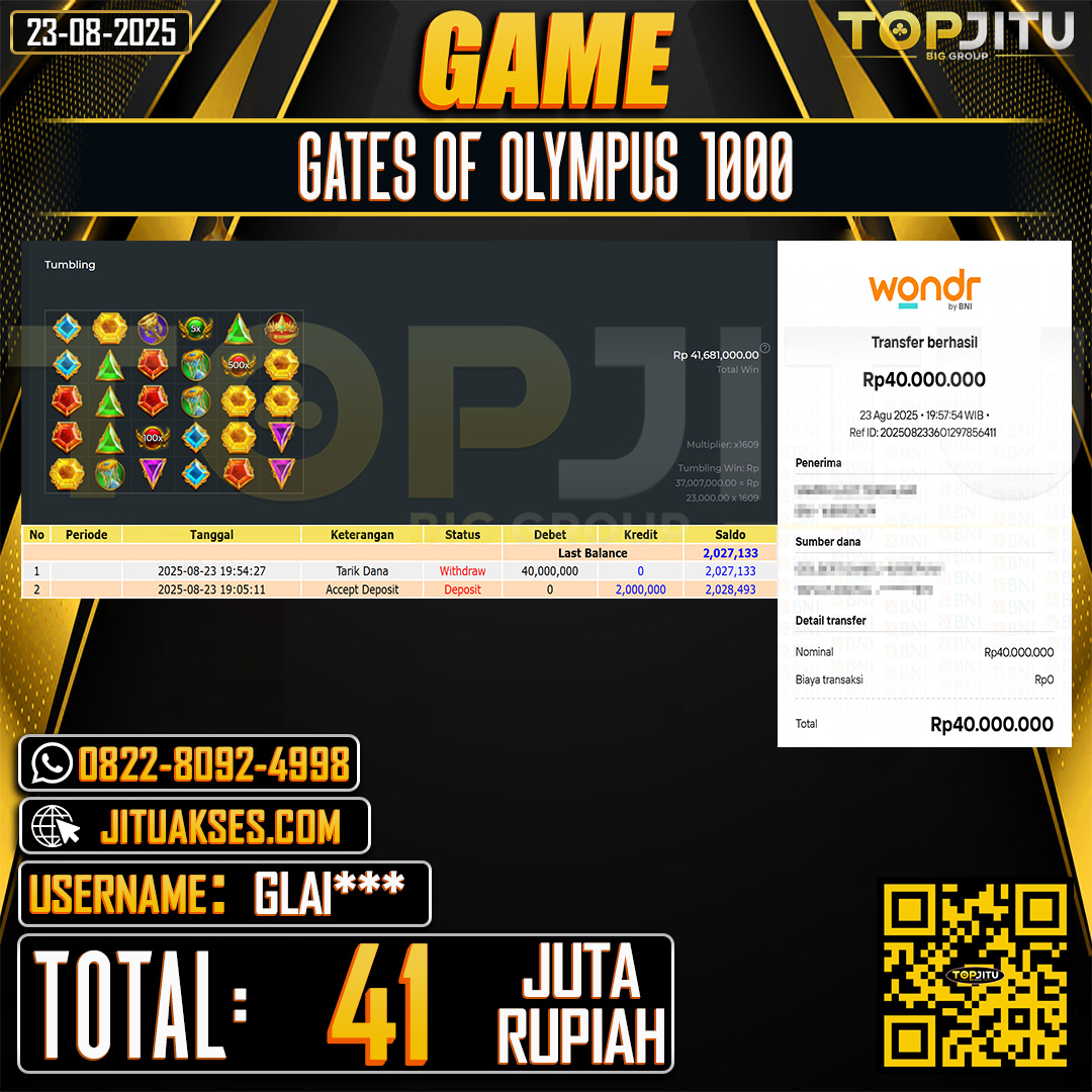 TOPJITU JACKPOT SLOT GATES OF OLYMPUS 1000 Rp.41.000.000 ,- LUNAS USER ID: GLAI***